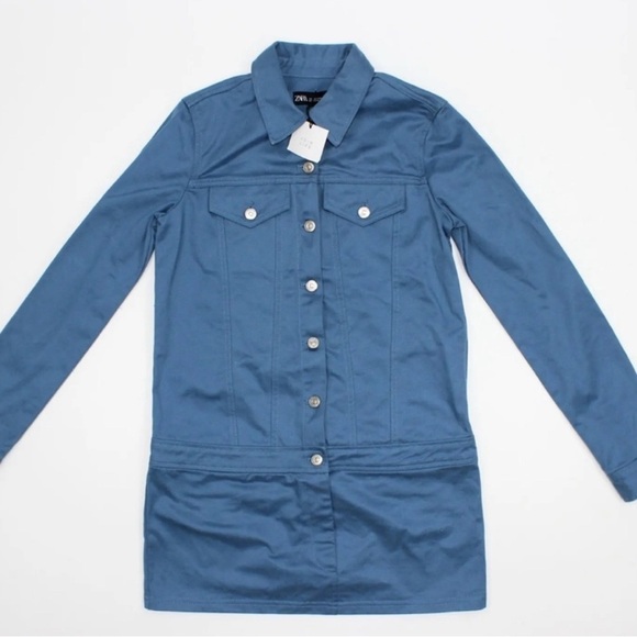 Zara Blue Long Sleeve Notched Collar Mini Dress - Picture 2 of 3